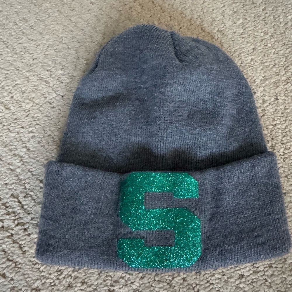 Gray Knit Beanie Hat w green glitter S for MSU Michigan State Spartans